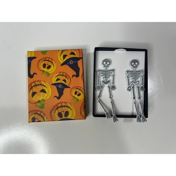 Skeleton Halloween Goth Punk Dangle Silver Beaded Earrings New - Picture 1 of 2